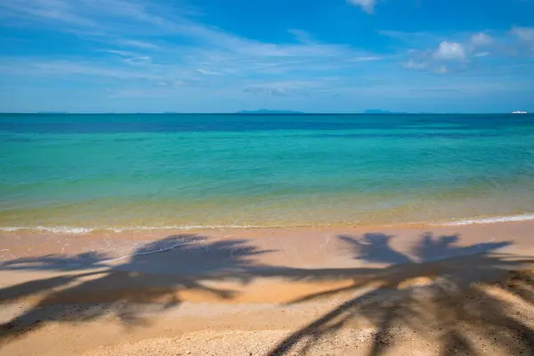 Schöne Tropische Landschaft Meerblick Mit Schatten Der Kokospalmen Auf Sand — Stockfoto