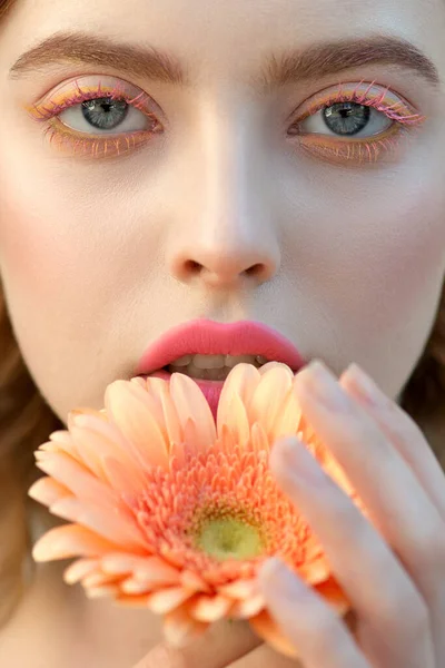 Close Fashion Model Face Creative Professional Make Pink Yellow Color — Zdjęcie stockowe