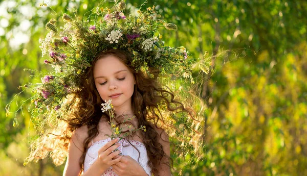 Söt Leende Liten Flicka Med Blomsterkrans Ängen Gården Porträtt Förtjusande — Stockfoto