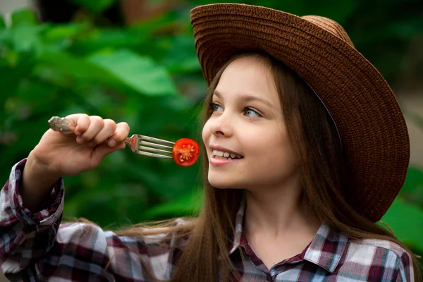 Cute Smiling Little Girl Cherry Tomato Green Background Fruit Vegetables — Stock Photo, Image