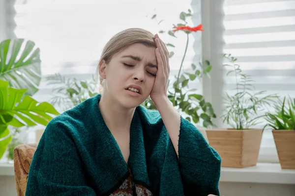 Young Sad Woman Sits Alone Front Window Crying Girl Allergy — Stock Photo, Image