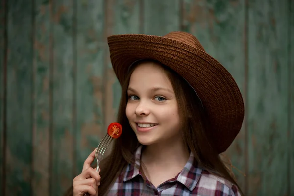 Cute Smiling Little Girl Cherry Tomato Green Background Fruit Vegetables — Stock Photo, Image