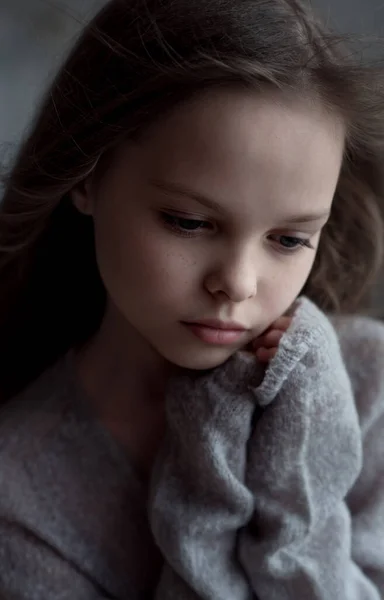 Portrait Beautiful Little Girl Meditative Pensive Facial Expression Kid Emotions — Stock Photo, Image