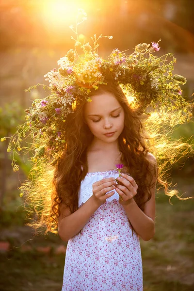 農場の牧草地に花の花輪を持つかわいい笑顔の女の子 愛らしい小さな子供の屋外の肖像画 — ストック写真