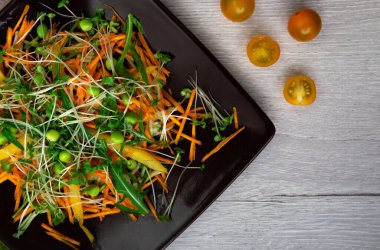 Elmalı sağlıklı sebze salatası, yeşil otlar, çan kağıdı, tohum ve havuç - düşük karbonhidrat, düşük kalori diyeti. Sağlıklı beslenme, beslenme ve diyet konsepti. Üst manzara, düz uzanma.