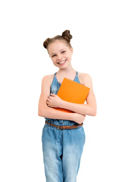 Gelukkig Schattig Lachend Meisje Denim Overall Met Boeken Schoolmeisje Met — Stockfoto