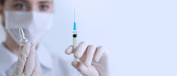 Doctor Scientist Injection Syringe Hand Close Selective Focus Copytext — Stock Photo, Image