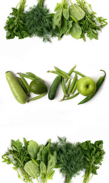 Drie Lijnen Set Van Groene Kruiden Groenten Fruit Spinazie Dille — Stockfoto