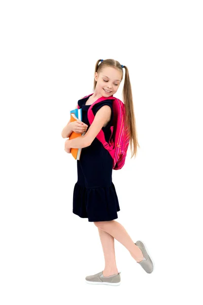 Feliz Linda Sonriente Niña Alegre Uniforme Escolar Sosteniendo Libros Colegiala —  Fotos de Stock