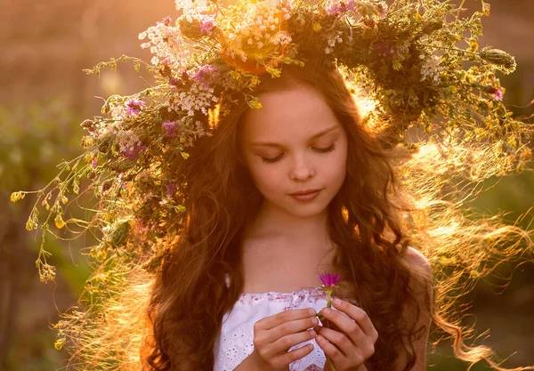 農場の牧草地に花の花輪を持つかわいい笑顔の女の子 愛らしい小さな子供の屋外の肖像画 — ストック写真