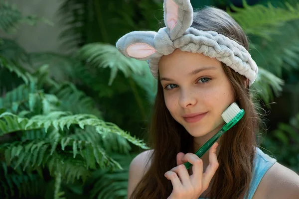 Portrait Beautiful Little Girl Funny Bunny Headband Using Cleansing Facial — Stock Photo, Image