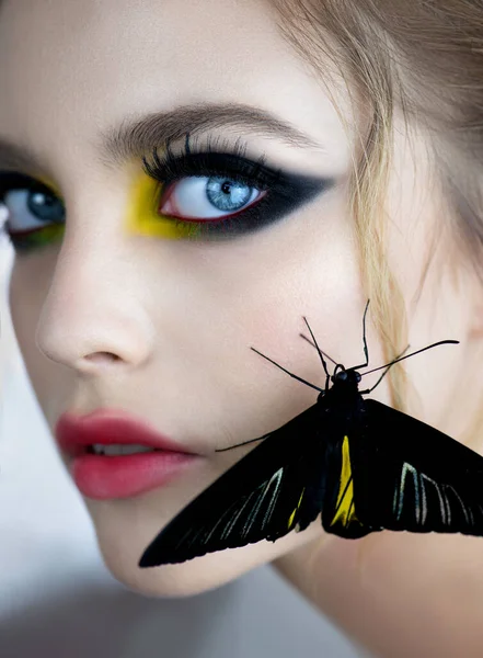 피부와 노란색을 아름다운 나비와 얼굴을 맞대고 있습니다 전문적 화장을 Spa — 스톡 사진