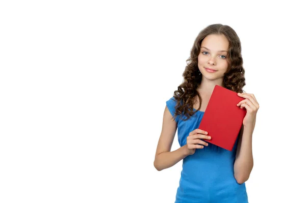 Happy Teenager Student Girl Holding Red Book Smiling Schoolgirl Isolated — Stock Photo, Image