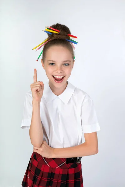 Cute Smiling Cheerful Funny Child Girl Many Pencils Hair Points — Stock Photo, Image