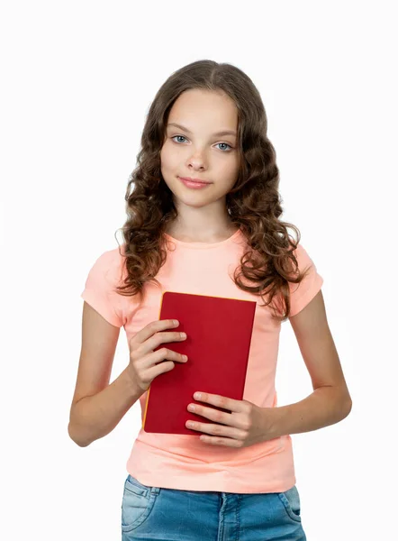 Happy Teenager Student Girl Holding Red Book Smiling Schoolgirl Isolated — Stock Photo, Image
