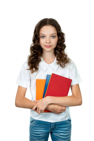 Feliz Chica Linda Estudiante Uniforme Escolar Sosteniendo Libros Una Colegiala —  Fotos de Stock