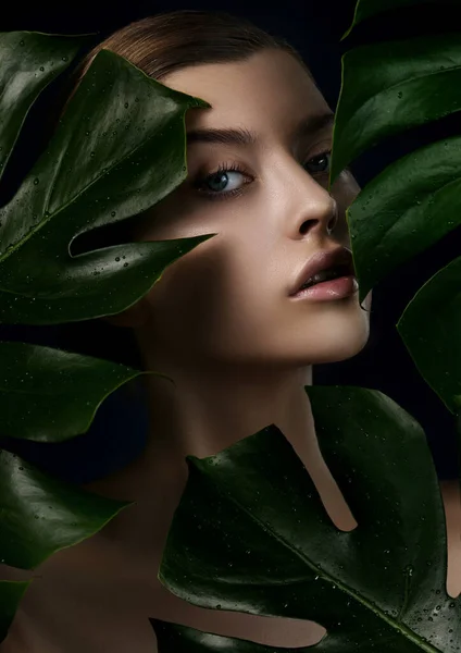 Młoda Kobieta Idealną Skórą Otoczona Tropikalnymi Zielonymi Liśćmi Ciemnym Tle — Zdjęcie stockowe