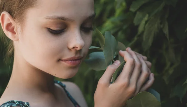 Beautiful Smiling Little Girl Eucalyptus Leaf Branch Close Selective Focus — Stock Photo, Image