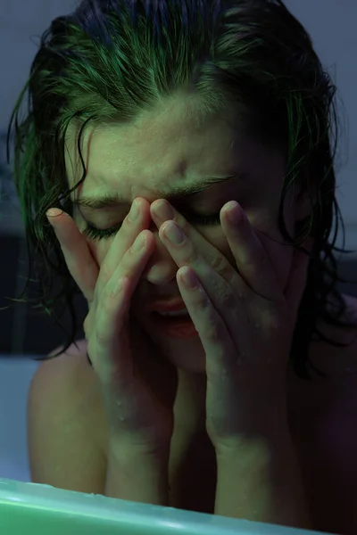 Closeup Young Sad Woman Face Smeared Makeup Crying Bath Concept — Stock Photo, Image