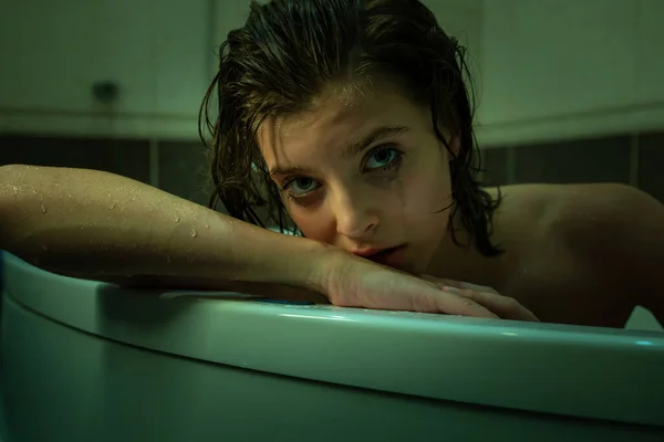 Young Sad Woman Smeared Makeup Crying Bath Concept Depression Sadness — Stock Photo, Image