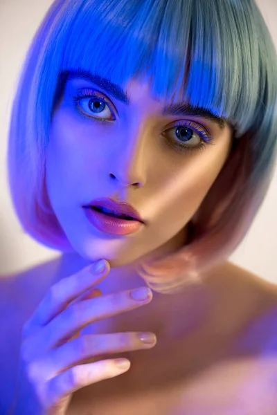 Beautiful Young Woman Pink Blue Wig Clean Perfect Skin Makeup — Stock Photo, Image