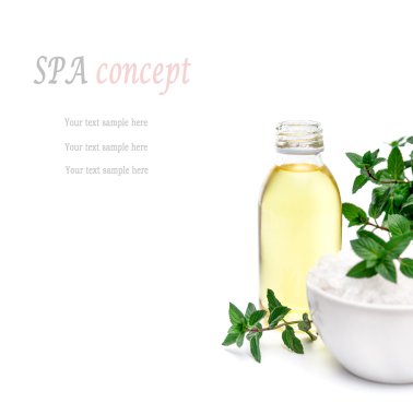 Spa and wellness setting with sea salt, oil essence and mint clipart