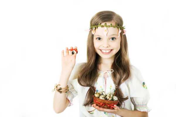 Smiling little girl with basket — Stock Photo, Image