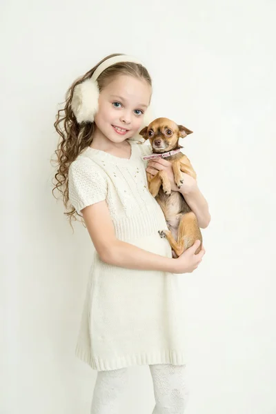 Blond kid girl with small pet dog — Stock Photo, Image