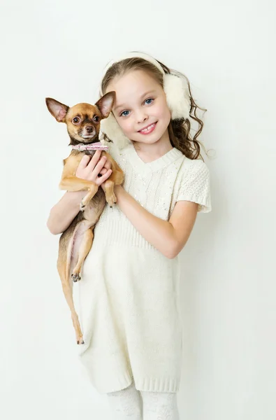 Blond kid girl with small pet dog — Stock Photo, Image