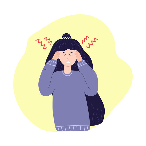 Unhappy woman with severe headache. Migraine, health problems and pain head. Flat illustration.