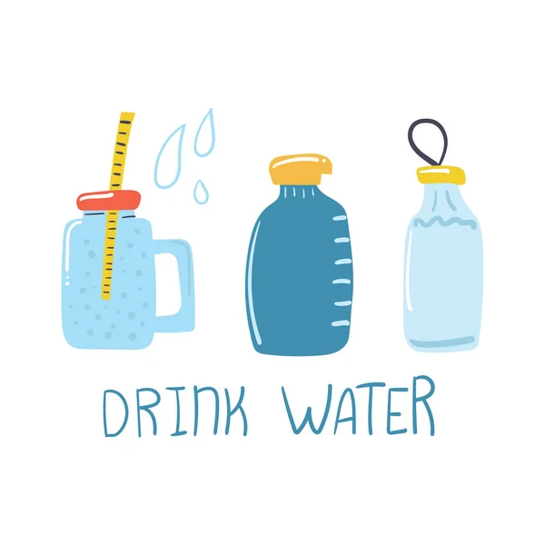 Handgetekende Flessen Pot Voor Water Drink Watertekst Platte Illustratie — Stockvector