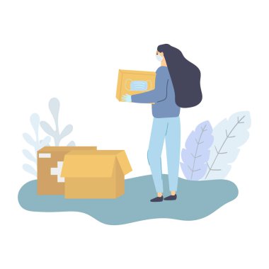 İnsani yardım kavramı. Tıbbi maskeli ve elinde kutu olan bir kadın. Düz Çizim.