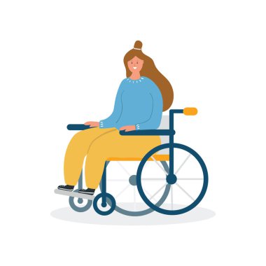 Engelli Uluslararası İnsanlar Günü. Genç kadın tekerlekli sandalyede oturuyor. El çizimi stili. Düz illüstrasyon beyaz arkaplanda izole edildi.