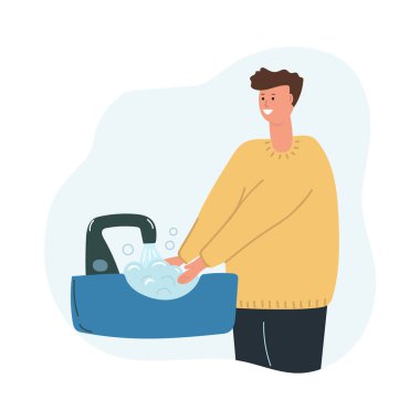 Ellerini yıkayan bir adam, kişisel hijyen. Virüs önleme konsepti. Düz vektör illüstrasyonu.