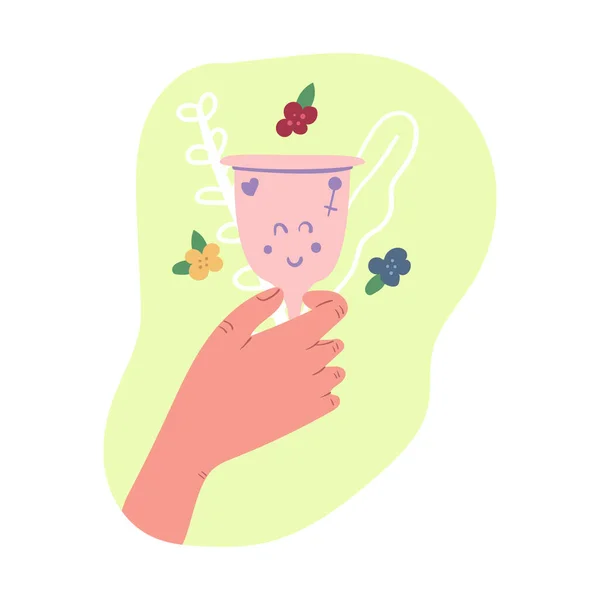 Hand Die Menstruatiecup Vasthoudt Platte Illustratie Periode Geen Afval Hygiëne — Stockvector