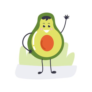 Gülümseyen yüzlü sevimli Avokado. Düz Çizim.