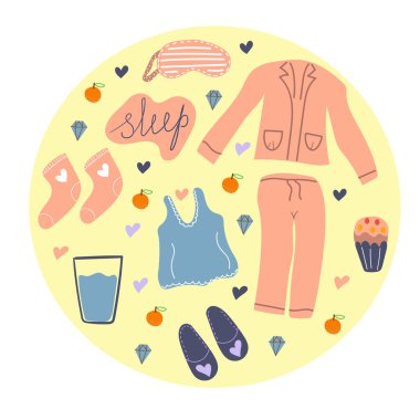 Pijama partisi için el yapımı eşyalar, tatlı rüyalar konsepti, samimi. Pijama, tişört, göz maskesi, terlik, bir bardak su, sıcak çoraplar. Düz Çizim.
