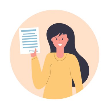 Boş belgesi ya da sertifikası olan kadın. Düz Çizim.