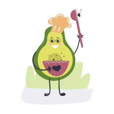 Şapkalı, kaseli ve kaşıklı tatlı avokado şefi. Komik bir tip. Düz Çizim.