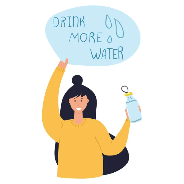 有瓶装水的年轻女人和有文字的横幅喝更多的水 平面插图 — 图库矢量图片
