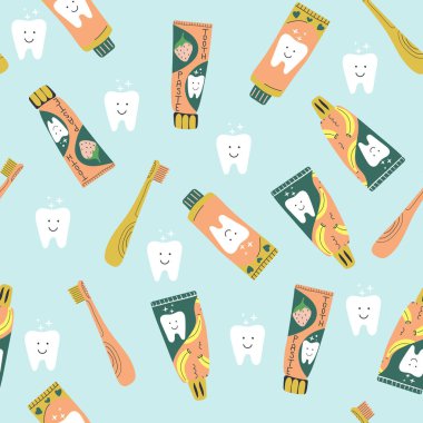 El yapımı, pürüzsüz diş macunu, diş fırçası. Çizgi film karakterleri. Hijyen, dişçi çocuksu kavram. Düz Çizim.