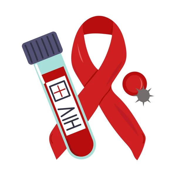 手描きの赤いリボンと血液検査管 Hivとエイズのための肯定的なテスト 世界エイズワクチンの日 エイズの世界の日 — ストックベクタ