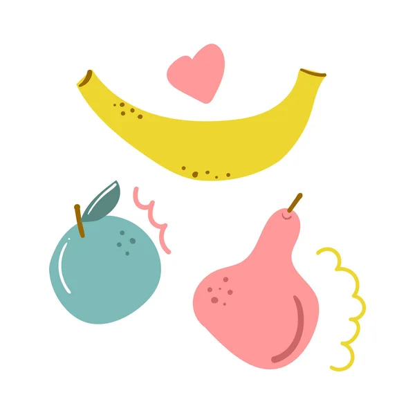 Conjunto Frutas Desenhadas Mão Bonitos Banana Maçã Pêra Ilustração Plana — Vetor de Stock