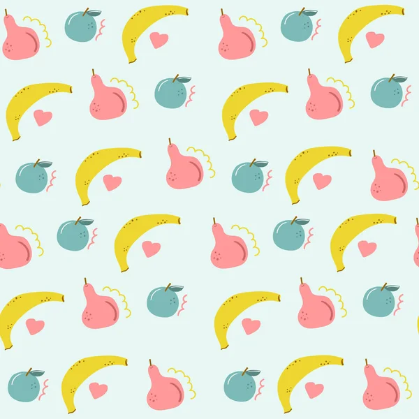 Handritade Sömlösa Mönster Frukter Färg Banan Päron Och Äpple Söt — Stock vektor