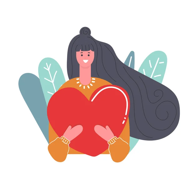 Mujer Dibujada Mano Con Gran Corazón Sus Manos Hojas Fondo — Archivo Imágenes Vectoriales