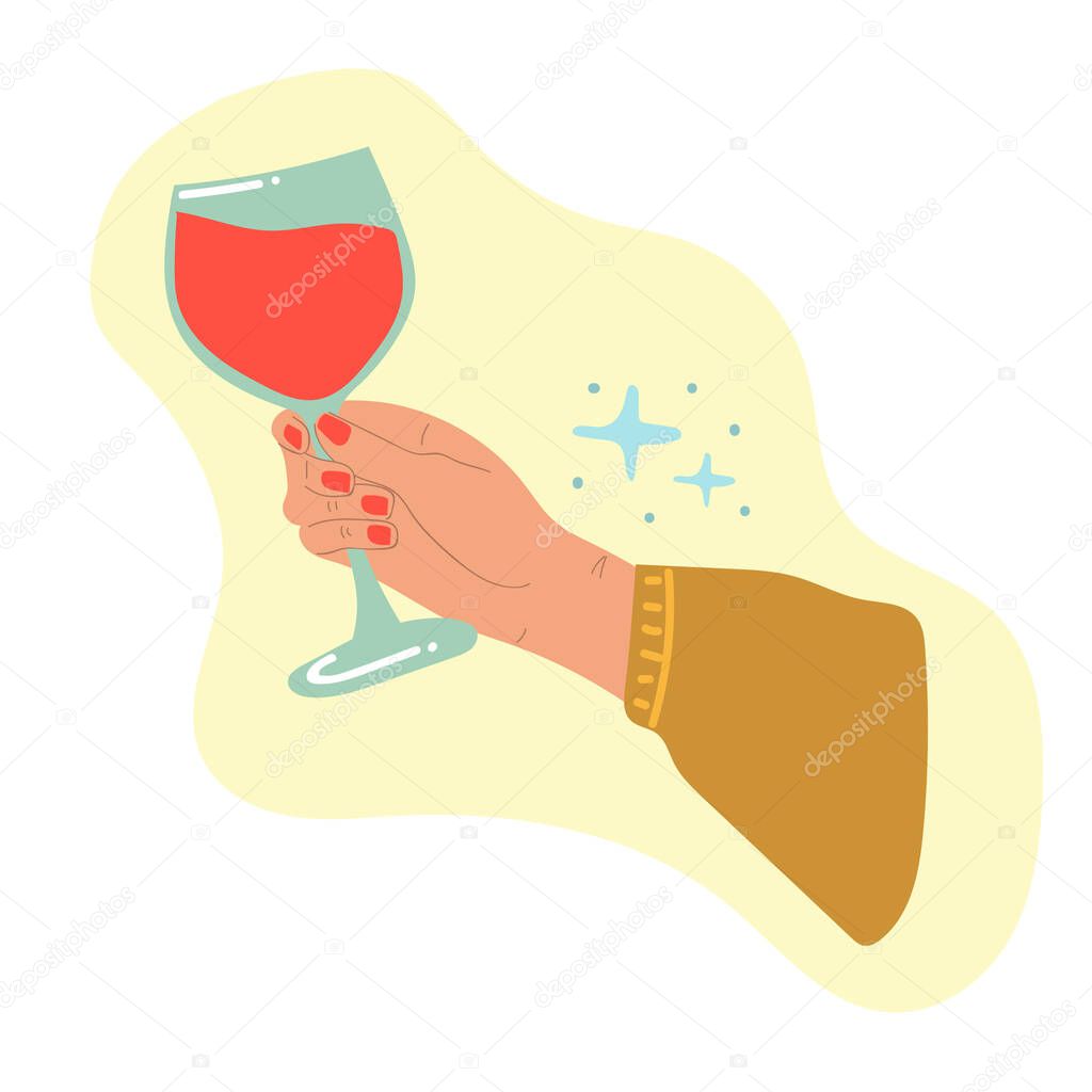 Woman hand holding a glass of wine. Modern flat illustration.