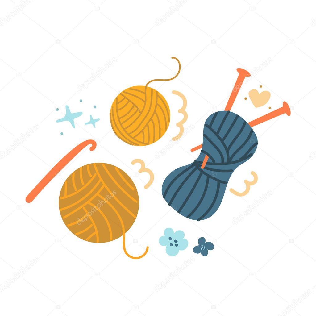 Hand drawn yarn, knitting needles and crochet hook. Flat illustration. DIY concept.