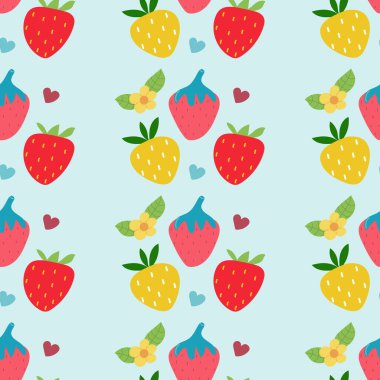 Elle çizilmiş dikişsiz renkli çilek deseni. Düz Çizim.