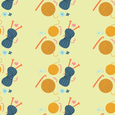 Elle çizilmiş yün yumağı, iplik, örgü deseni. Düz Çizim.