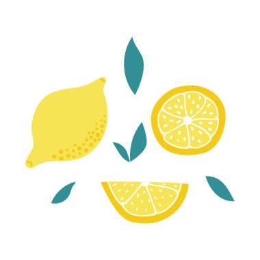 El yapımı limon, dilimleme ve yapraklar. Düz Çizim.